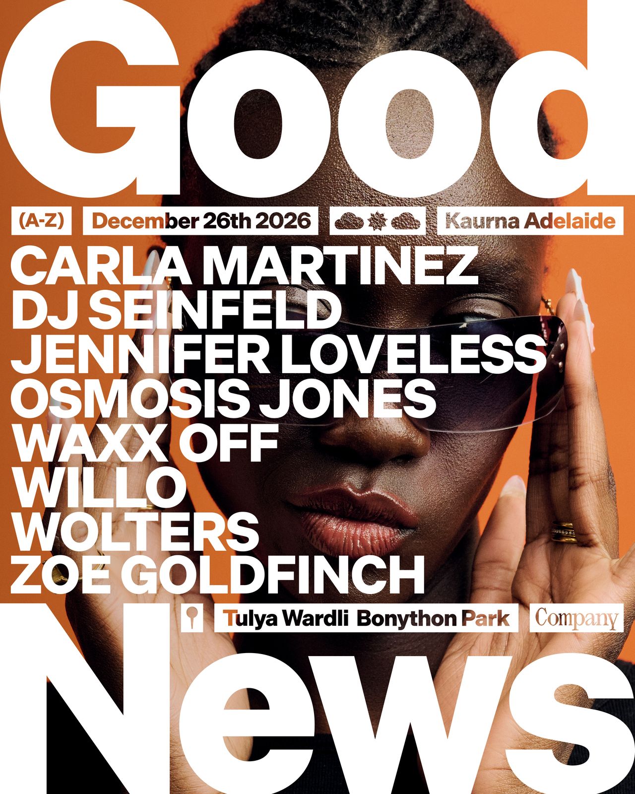 Good News festival poster featuring DJ Seinfeld and lineup for December 2026 at Bonython Park, Adelaide.